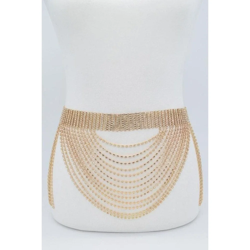 Gold‎ Rhinestone Tassel Body Chain Belt For Women Festival Party Accent